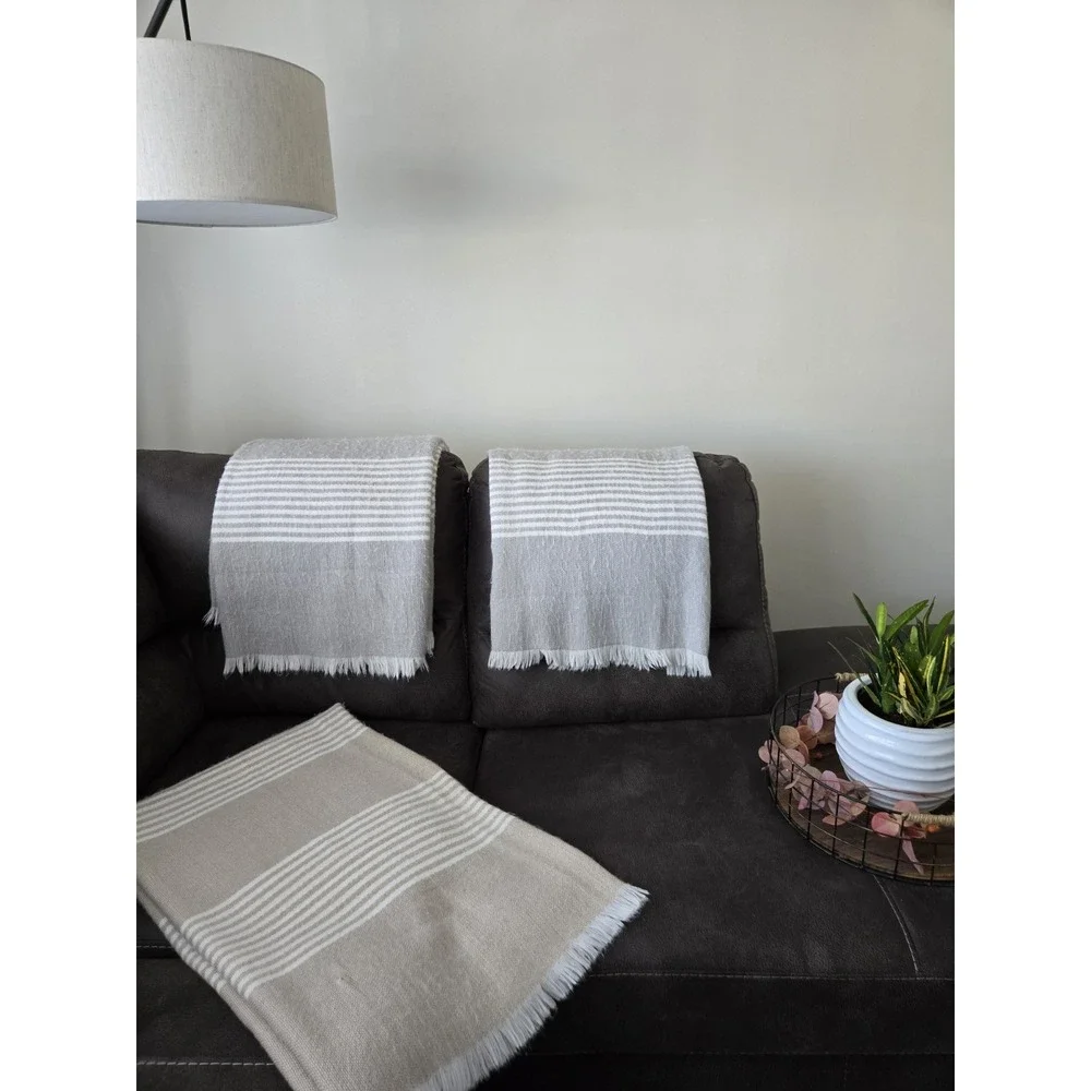Lot Of 3 Pottery Barn Modern Fringe Farmhouse Striped Throw Blankets 50